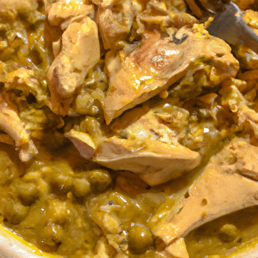 Pollo con una deliciosa salsa hecha a base de curry y otros sabores.