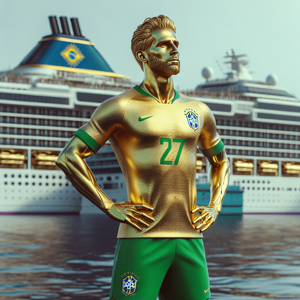 DALL-e Neymar, el futbolista brasileño que forma parte de la selección de fútbol del país, a bordo de un lujoso crucero celebrando con cadenas de oro en alta mar. ¡Haga un recorrido de cerca por la impresionante fiesta de Neymar!Neymar, lujos de oro, crucero, equipo de Brasil, puerto.