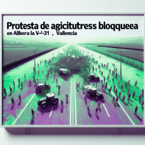 Continuano proteste agricoltori a Valencia: blocco stradale sulla V-31 e rallentamenti nella regione a causa del prezzo basso dei prodotti e mancanza di supporto al settore.