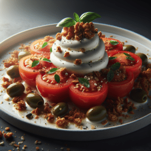 Como hacer Ensalada de Tomate con Crema Fraîche y Granola de Aceitunas Receta