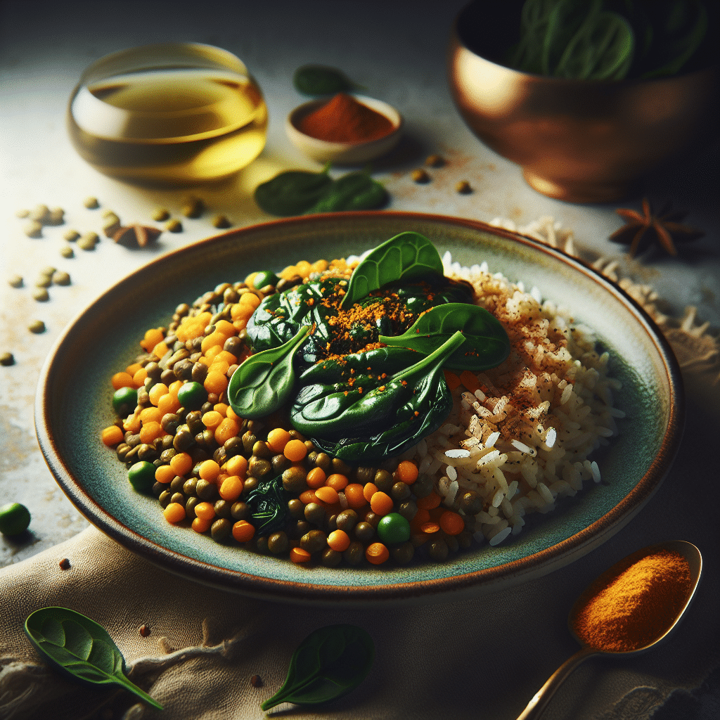 Receta de Espinacas Salteadas con Lentejas y Arroz. Cómo hacer plato vegetariano rico en sabores y nutrientes, ideal para comidas saludables y familiares.