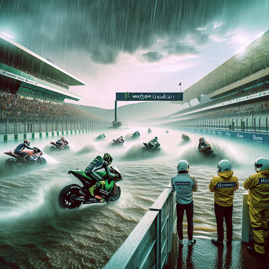 Inundaciones sorprenden Gran Premio de Kazajistán en Almaty. Complicaciones para MotoGP. Dorna Sports busca soluciones. [28 words]